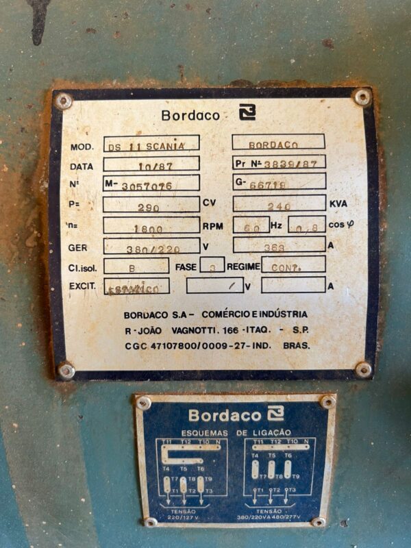 REF 13348 - Grupo Gerador 240 KVA - marca BORDACO / Ano 87 / Motor - Image 4