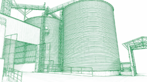 Ilustração técnica de dois silos de fundo plano com bases civis, escadas e passarelas