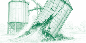 Ilustração técnica de um silo rompido com grãos derramados